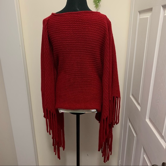 Coco & Carmen Fringe  Red Knit Warm Poncho Size OS - Picture 9 of 10
